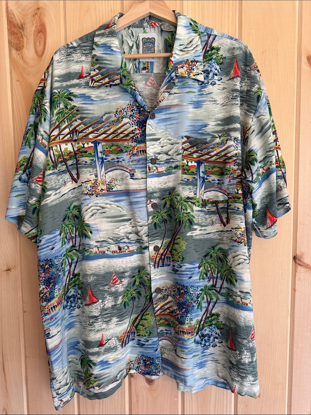 Ocean Current Tropical Scenic Hawaiian Button Down Shirt Men's XL Oversized